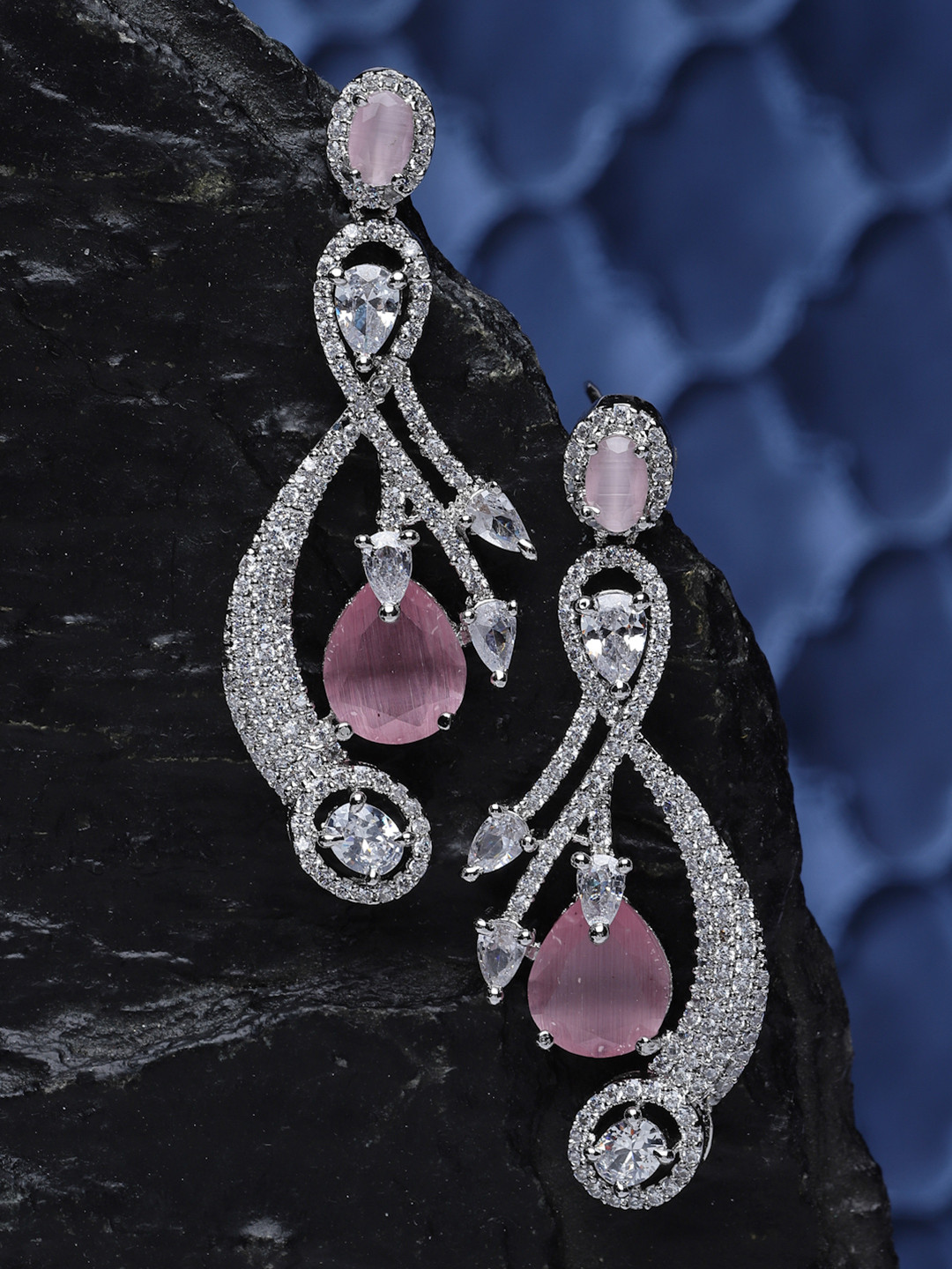 ZENEME Rhodium-Plated American Diamond Leaf Shaped Drop Earrings