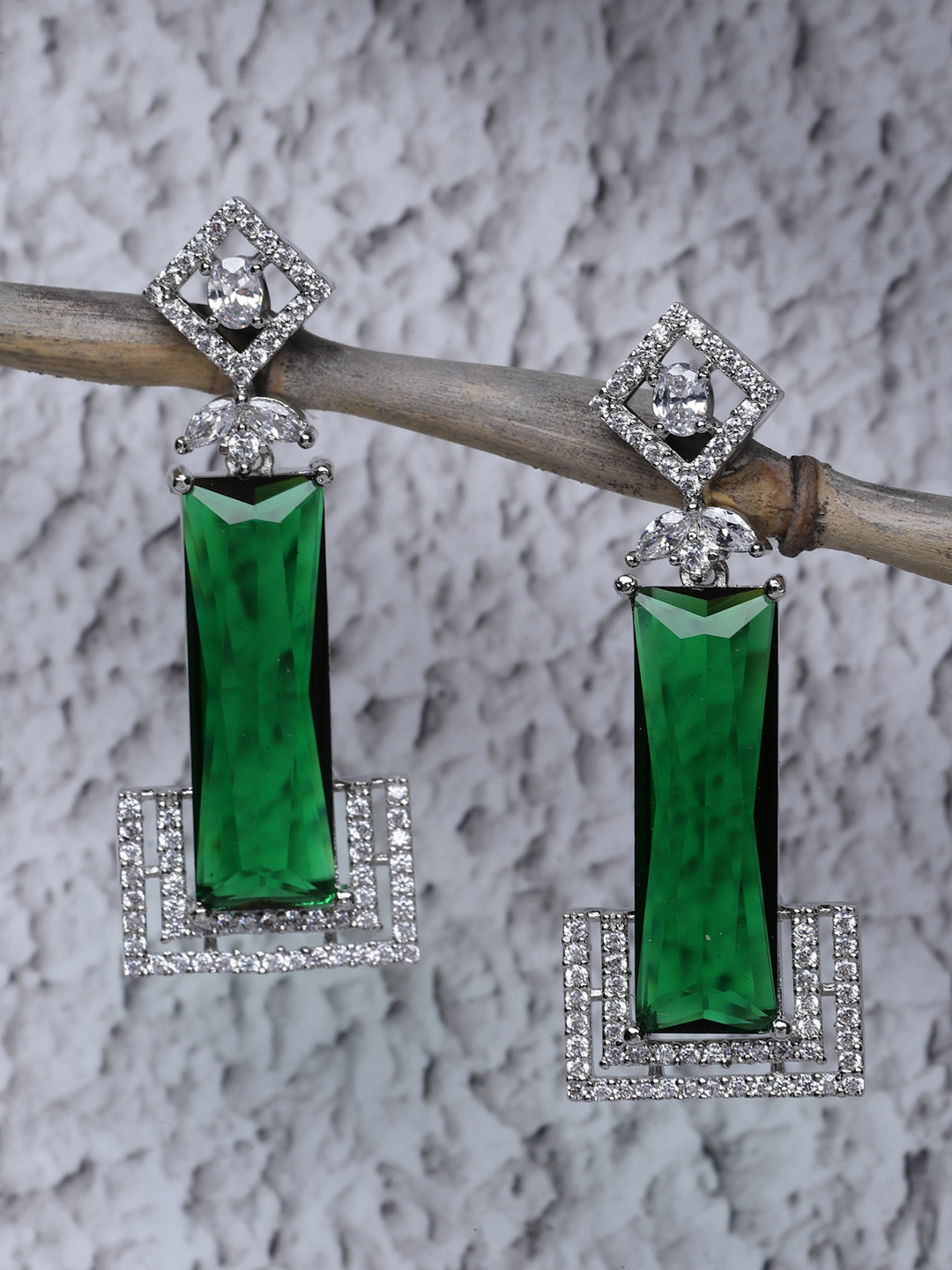 ZENEME Rhodium-Plated Emerald American Diamond Studded Geometric Drop Earrings