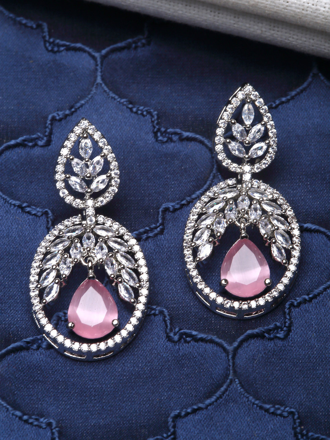 ZENEME Pink Rhodium-Plated American Diamond Studded Earrings