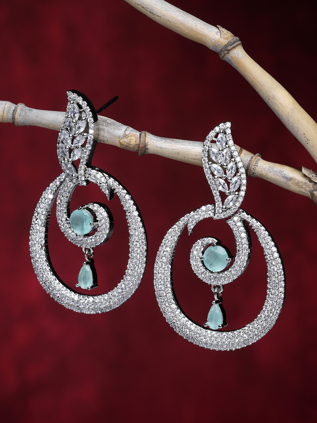 ZENEME American Diamond Rhodium-Plated Oval Drop Earrings