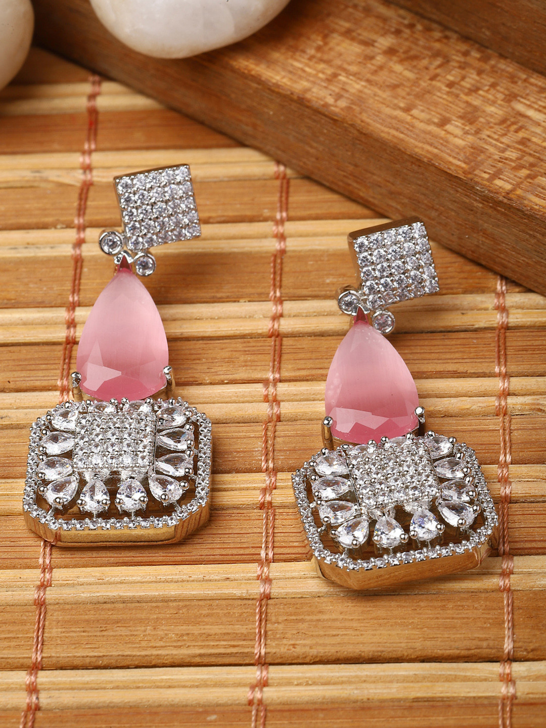 ZENEME Pink Rhodium-Plated American Diamond Studded Earrings