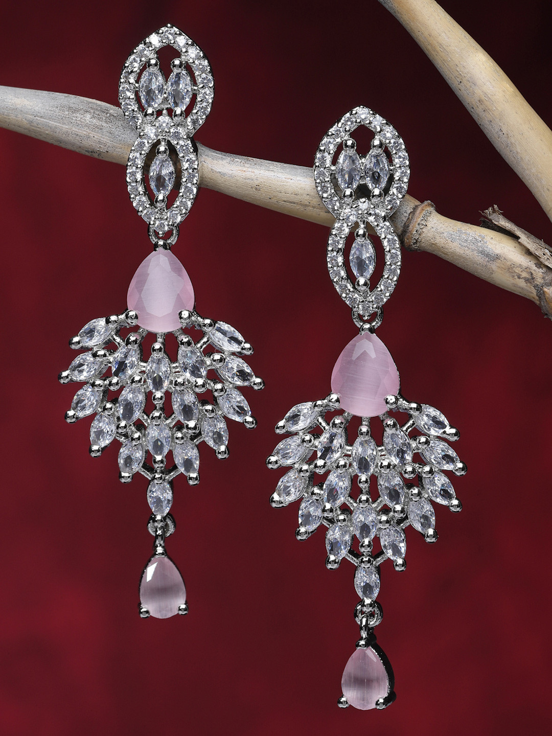ZENEME Pink Rhodium-Plated American Diamond Studded Drop Earrings