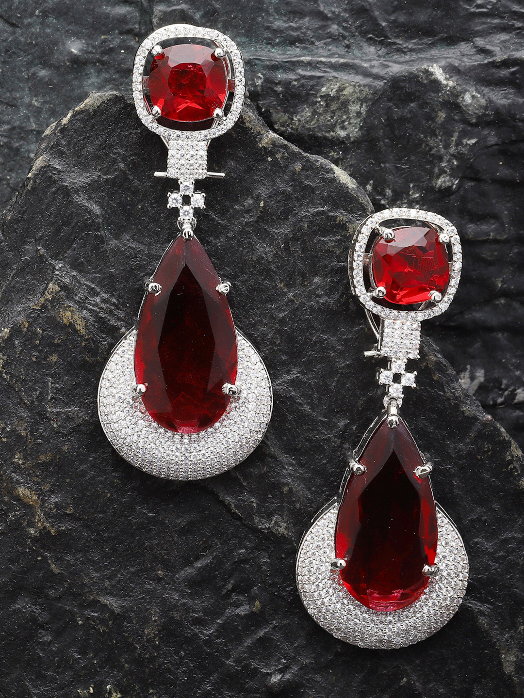 ZENEME Rhodium-Plated Red American Diamond Studded Earrings