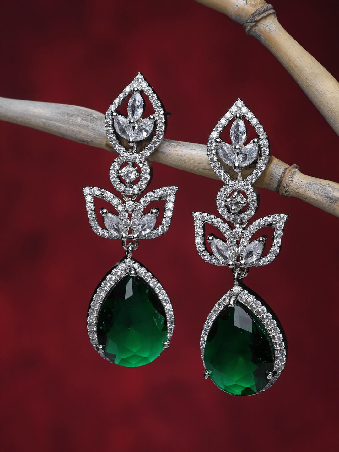 ZENEME Rhodium Plated Silver Toned Emerald Green Teardrop Shaped Drop Earrings