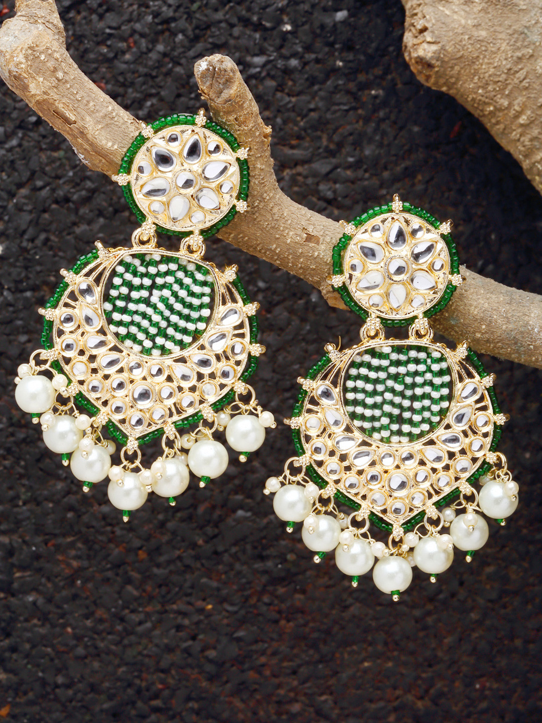 Gold-Plated Kundan-Studded Crescent Shaped Chandbalis Earring