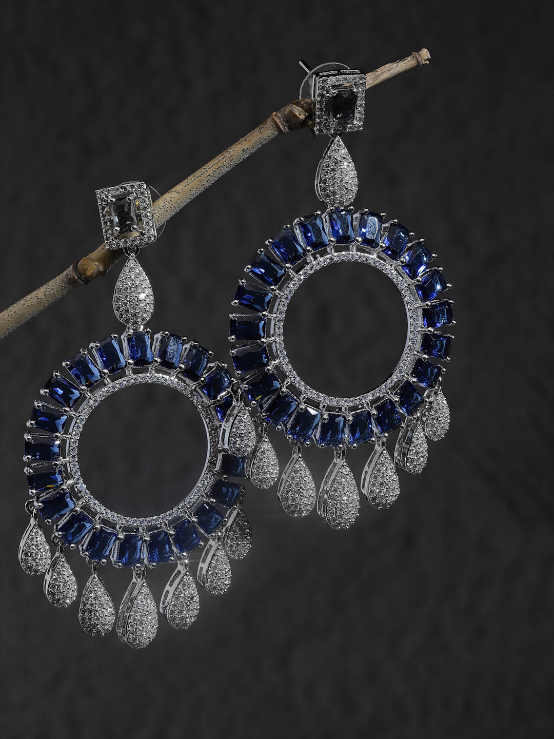 ZENEME Rhodium-Plated Blue American Diamond Studded Circle Shaped Earrings