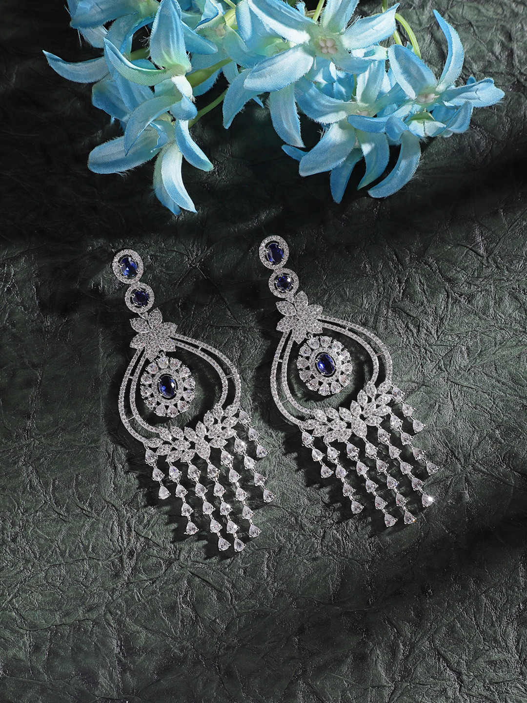 ZENEME Rhodium-Plated Blue American Diamond Studded Earrings