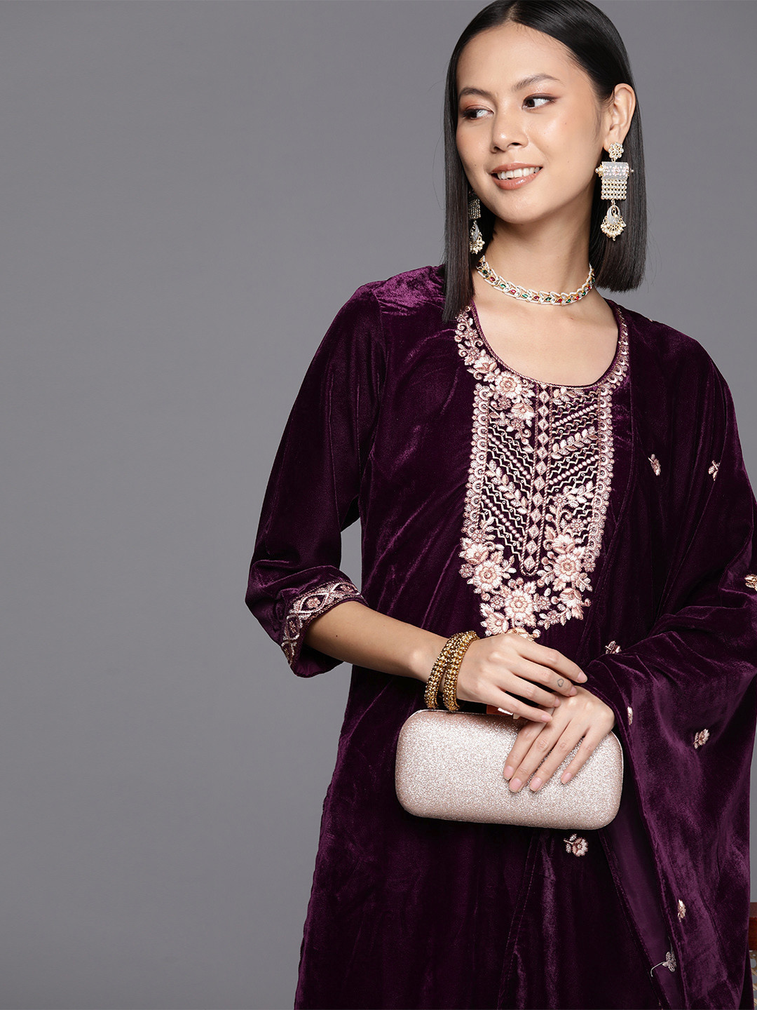 Varanga Zari Embroidered Velvet Winter Straight Kurta with Trouser and Dupatta