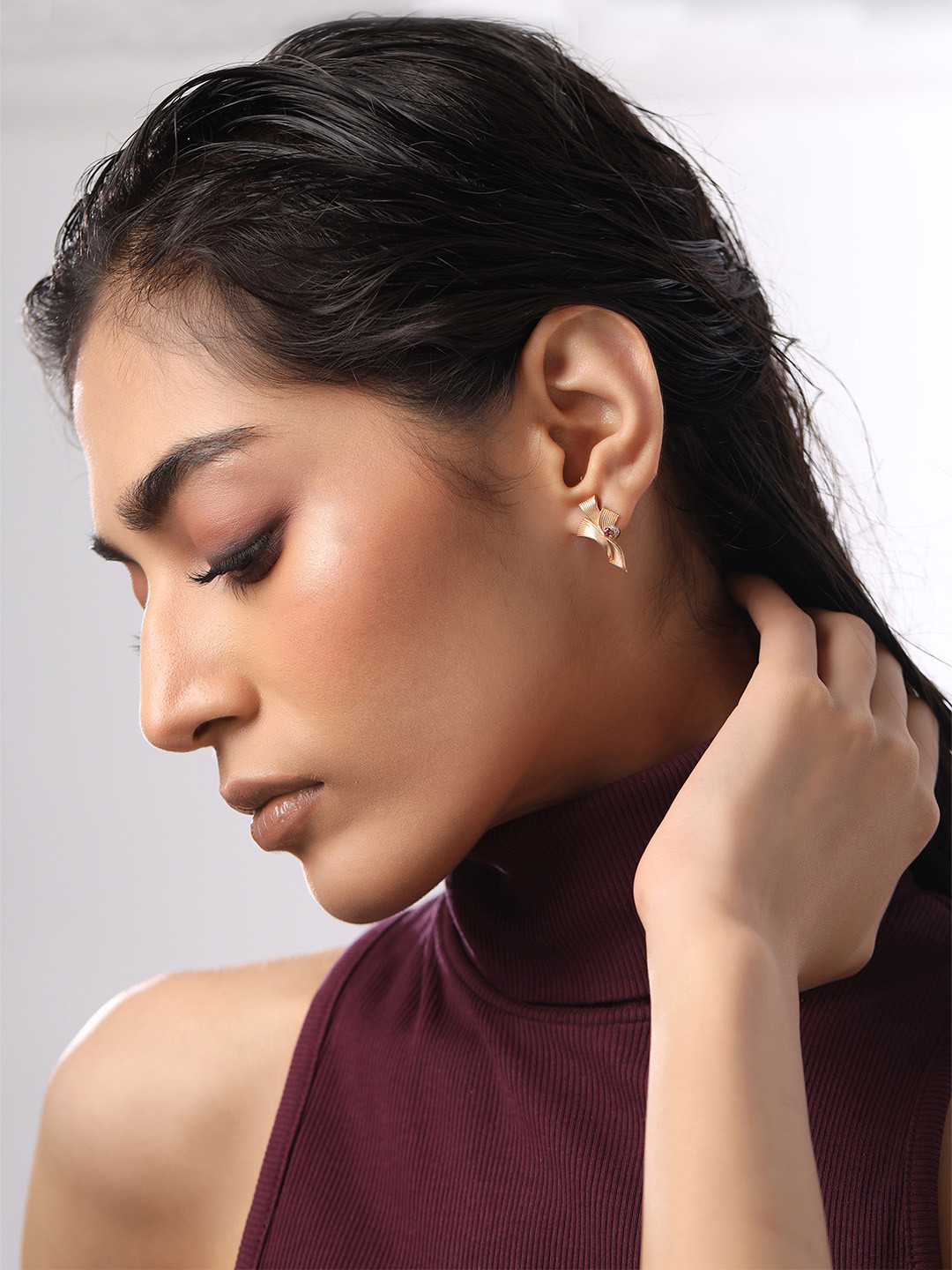 Kicky And Perky 925 Sterling Silver Precious Ruby & Mossanite Studded Folded Earrings