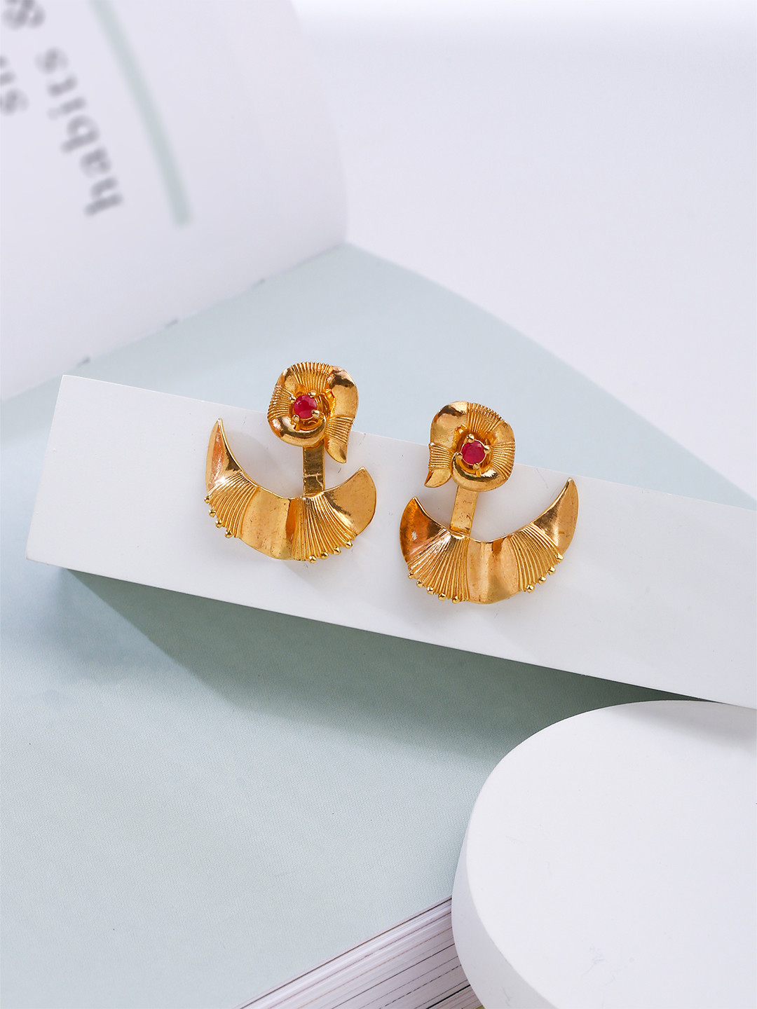 Kicky And Perky 925 Sterling silver Precious Ruby Studded Frill Jacket Earrings