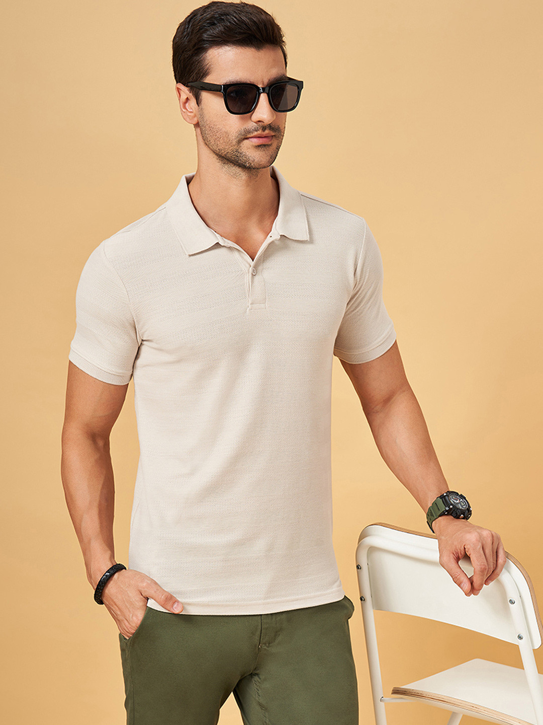 BYFORD by Pantaloons Slim Fit Self Designed Henley Neck Casual T-shirt