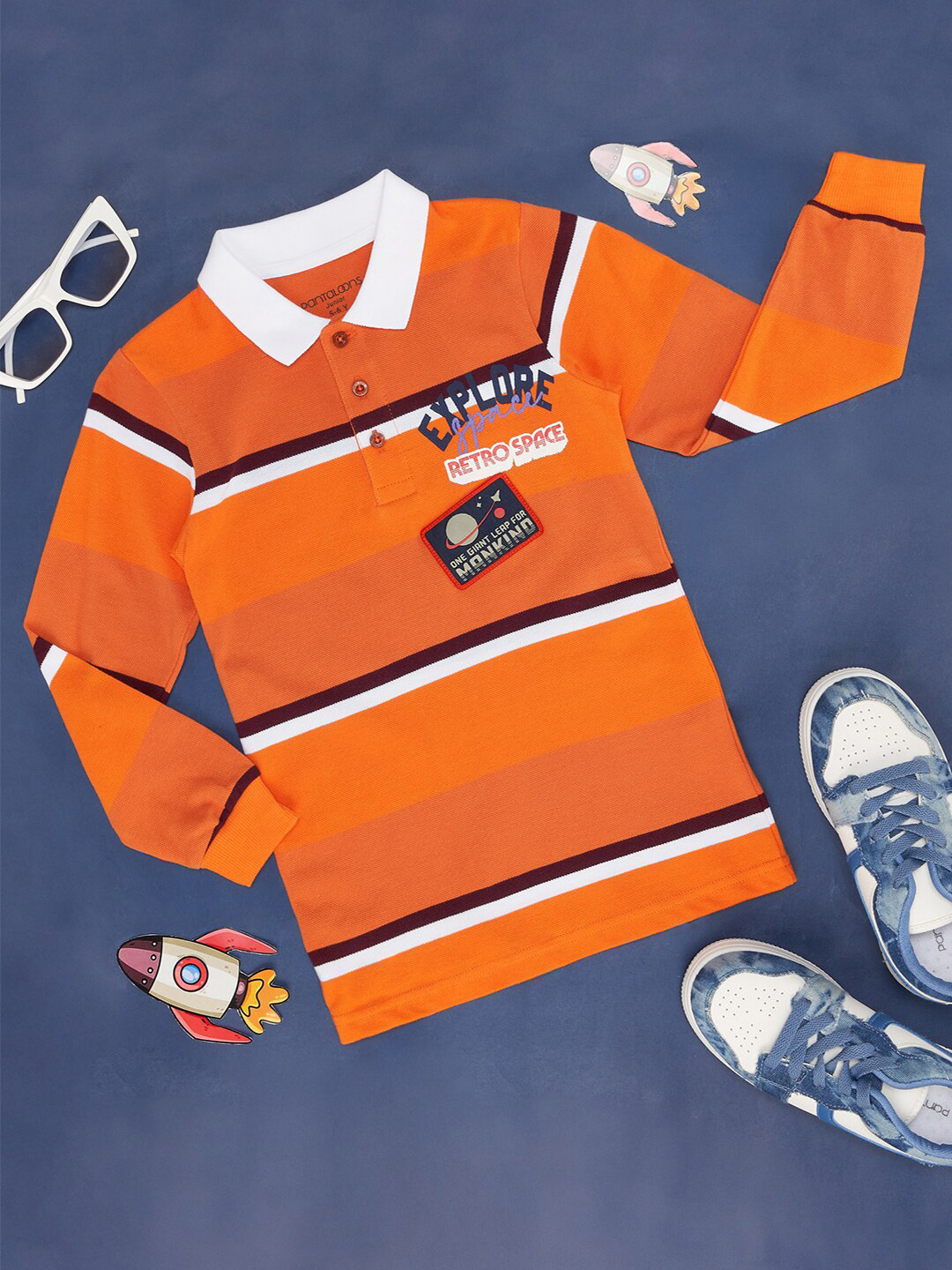 Pantaloons Junior Boys Colourblocked Polo Collar Long Sleeve Cotton T-Shirt