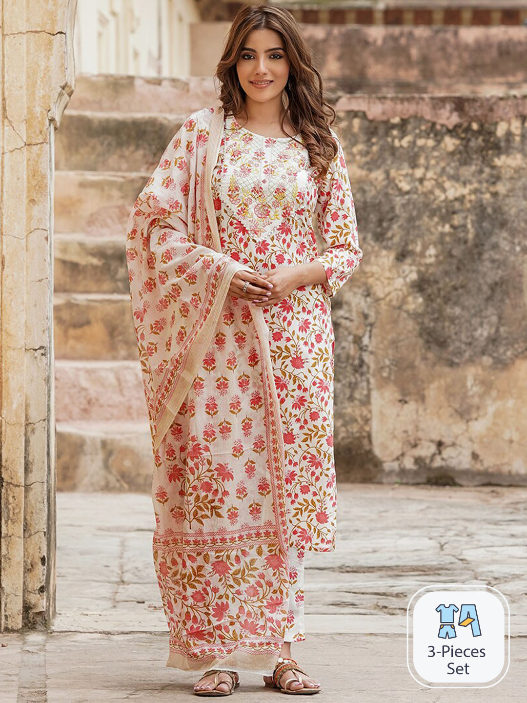 KALINI Floral Printed Pure Cotton Straight Kurta With Trousers & Dupatta