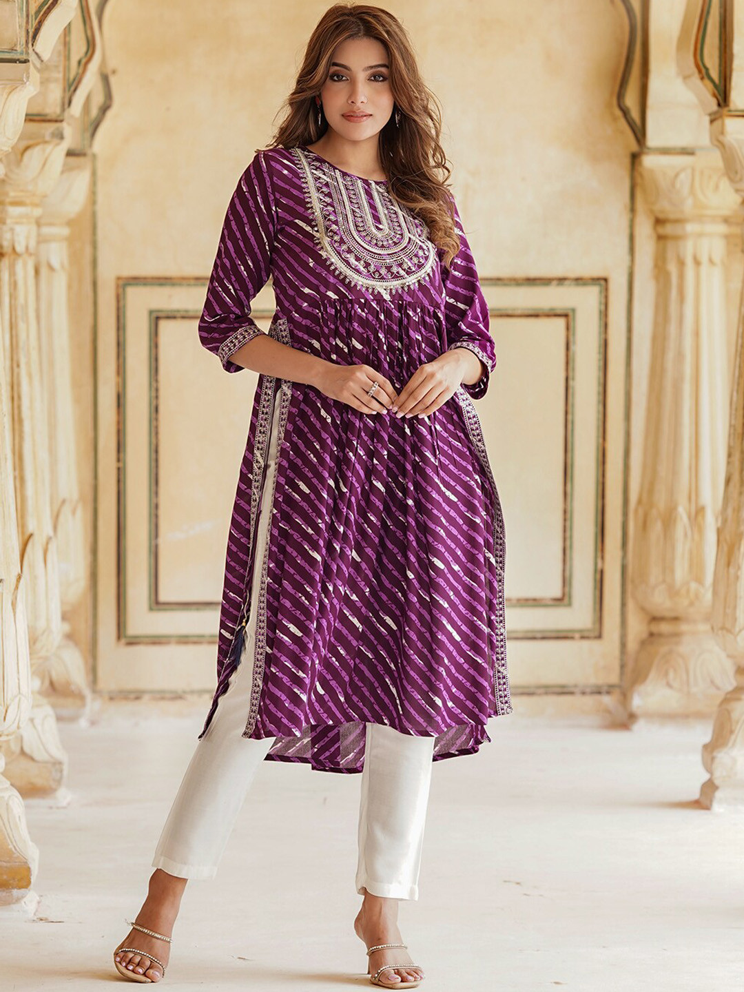 KALINI Leheriya Printed Thread Work Kurta with Trousers