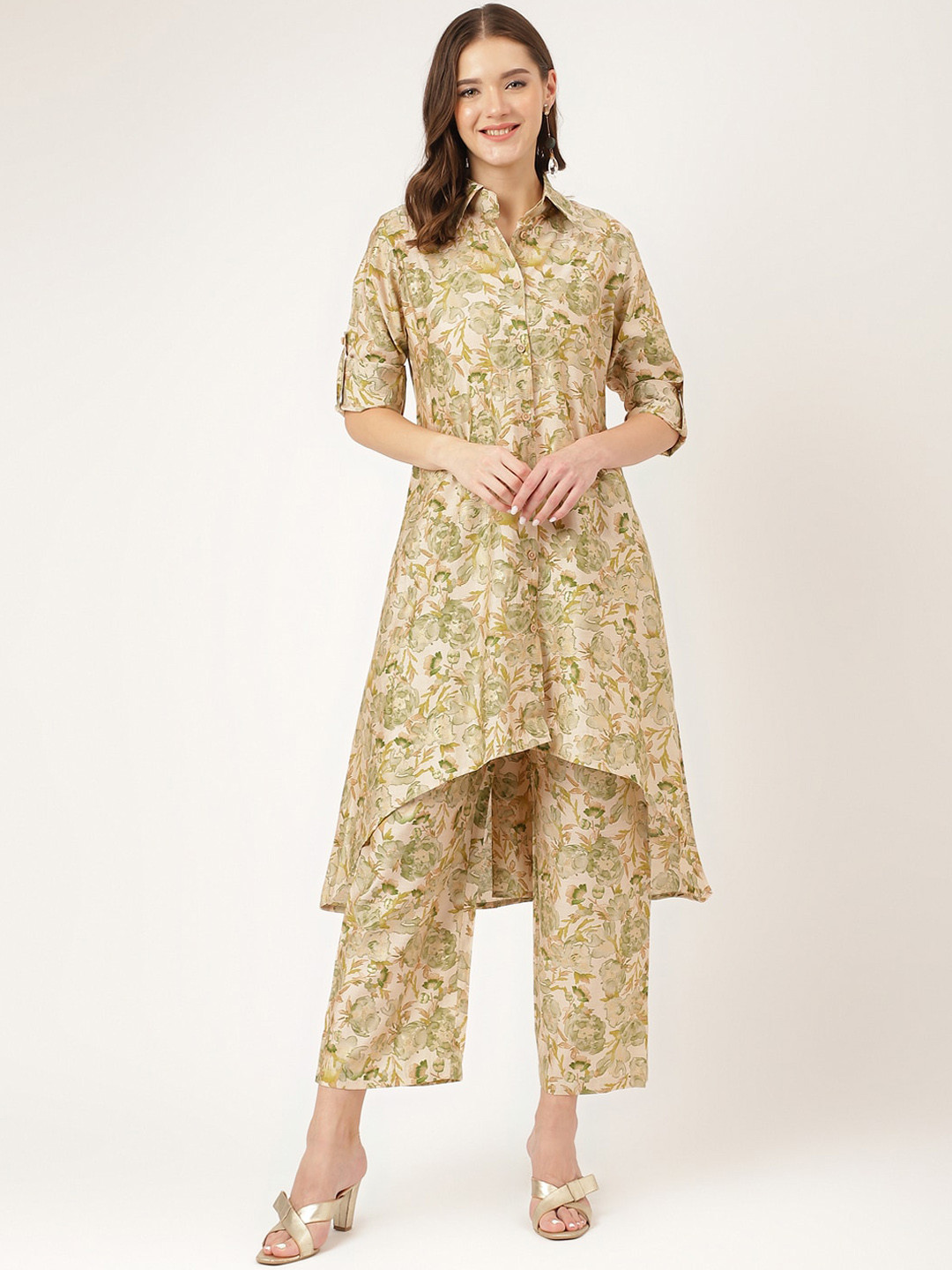 Divena Floral Printed Shirt Collar Regular Kurta With Trousers