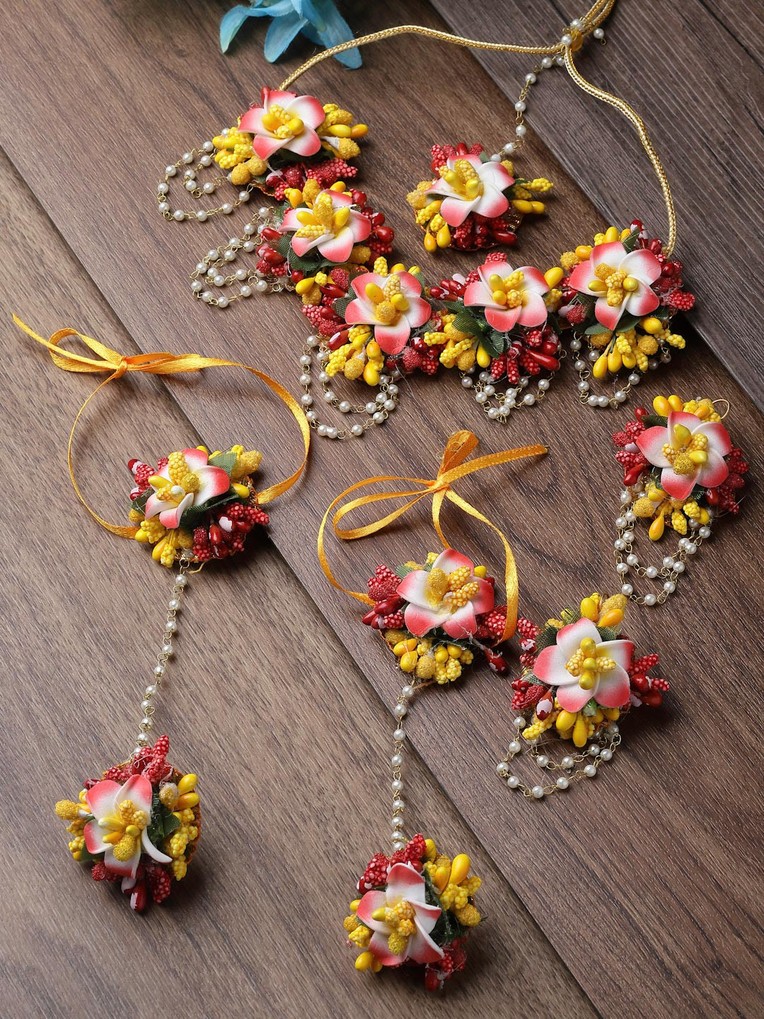 ZENEME Gold Plated Multicolor Floral Gota Patti Beaded Haldi & Mehendi Jewellery Set