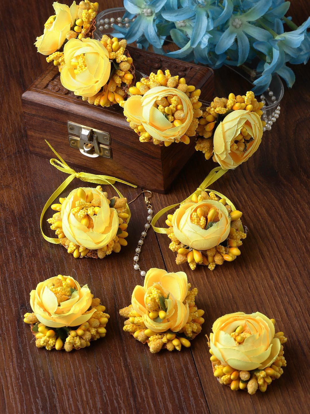ZENEME Gold Plated Yellow Floral Gota Patti Beaded Haldi & Mehendi Jewellery Set