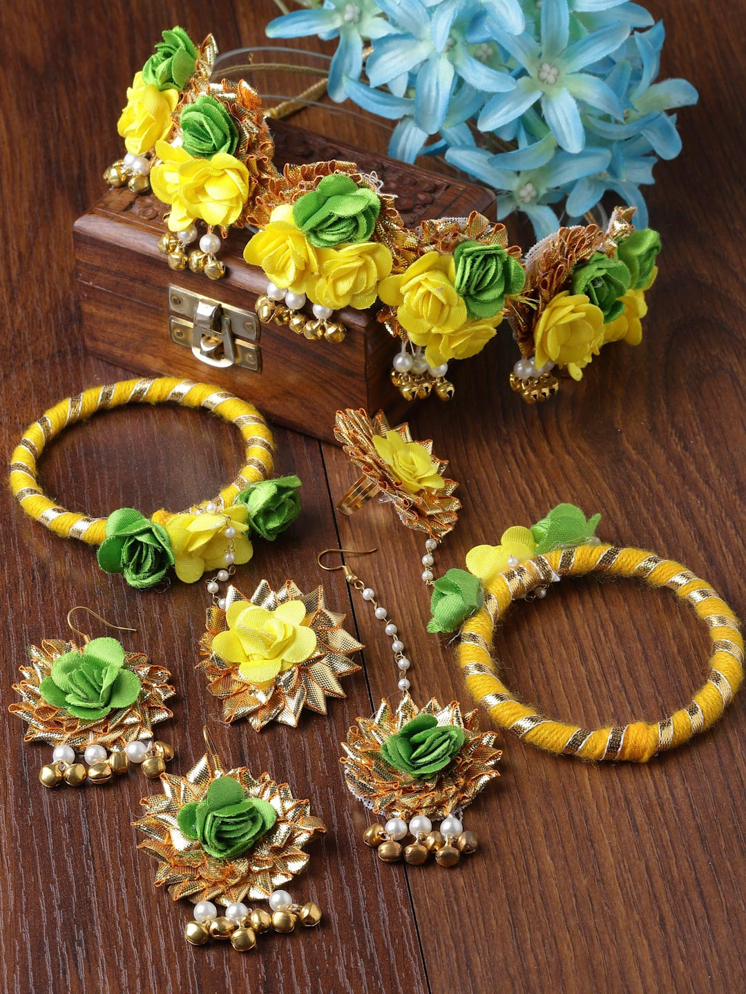 ZENEME Green & Yellow Floral Beaded Gota Patti Haldi & Mehendi Jewellery Set