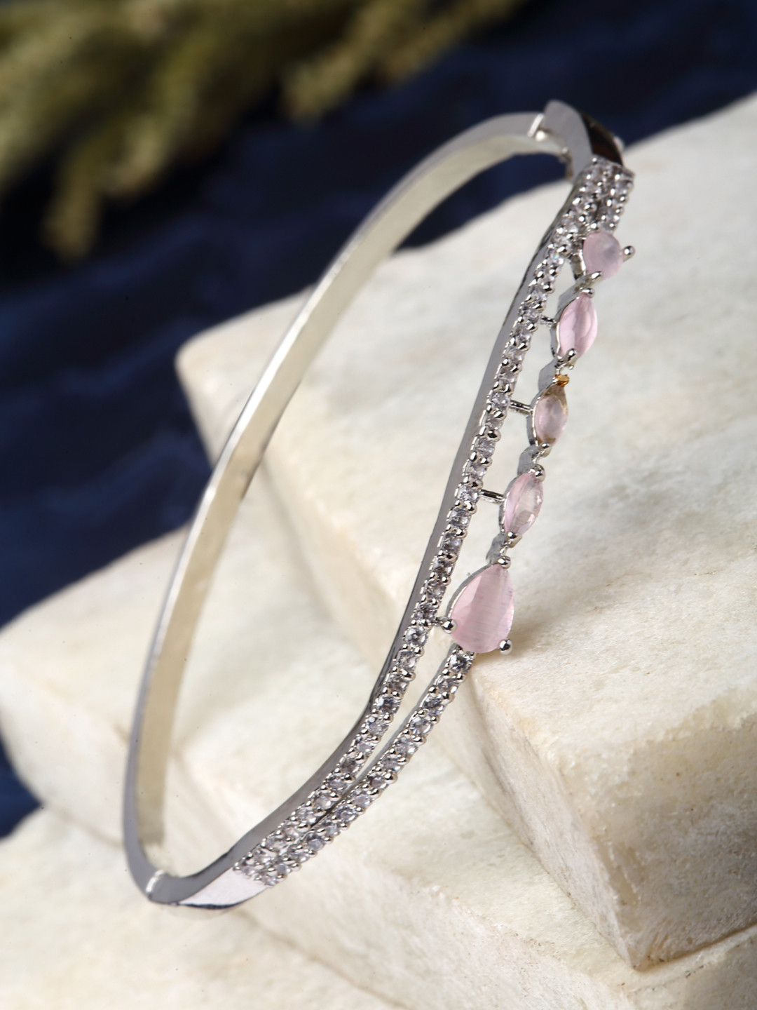ZENEME Rhodium-Plated Silver Toned Pink American Diamond Cuff Bracelet