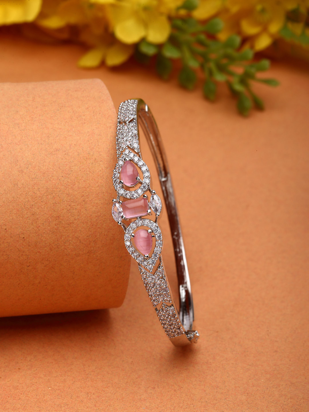 ZENEME Rhodium Plated Teardrop Shaped Pink AD Studded Cuff Bracelet