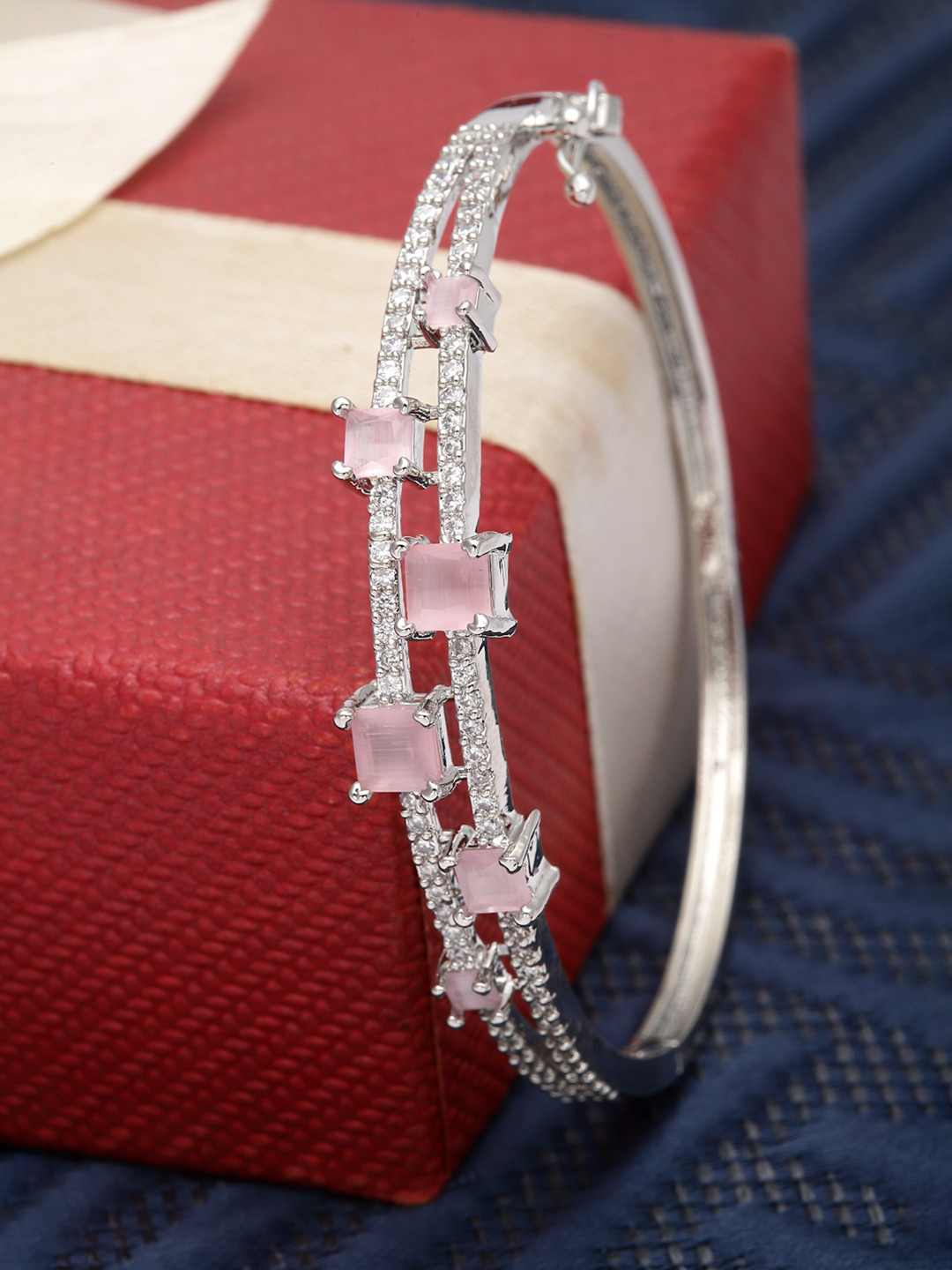 ZENEME Rhodium-Plated Silver Toned Pink American Diamond Cuff Bracelet