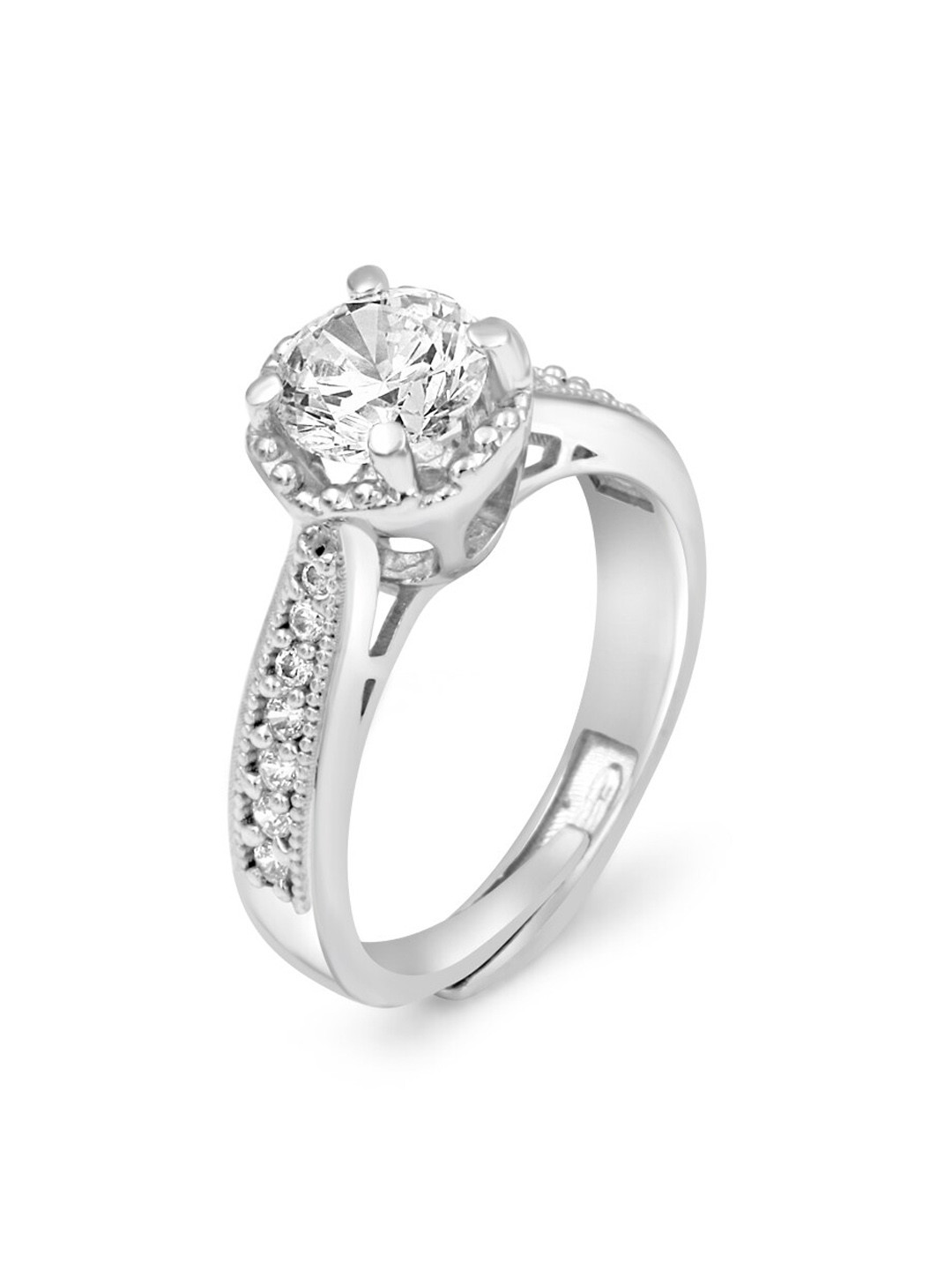 Zarkan Rhodium-Plated AD Studded Silver Solitaire Ring
