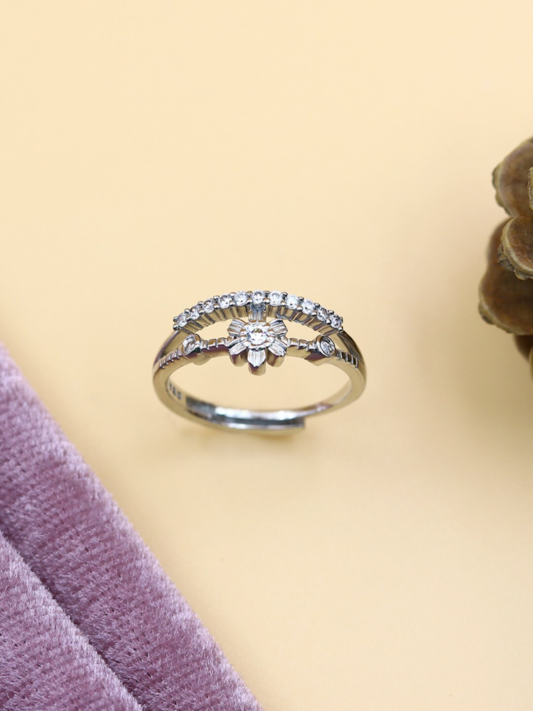 Zarkan Sterling Silver Rhodium-Plated AD Studded Finger Ring