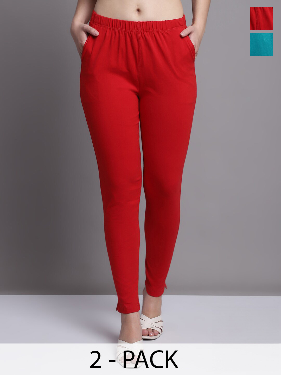 GRACIT Women Red Sea Green Pack of 2 Cotton Ankle length Leggings with side pocket