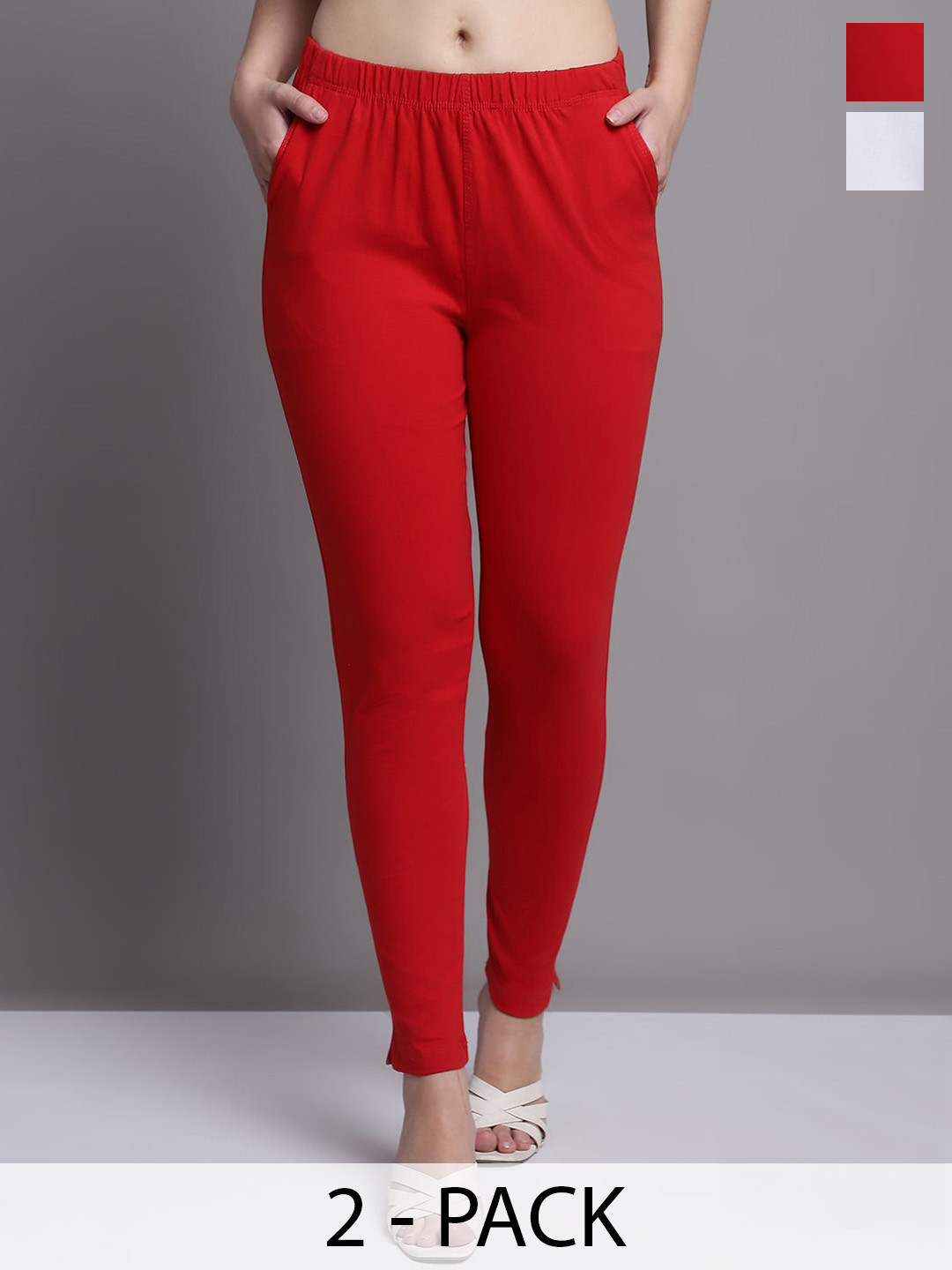 GRACIT Women White Red Pack of 2 Cotton Ankle length Leggings with side pocket