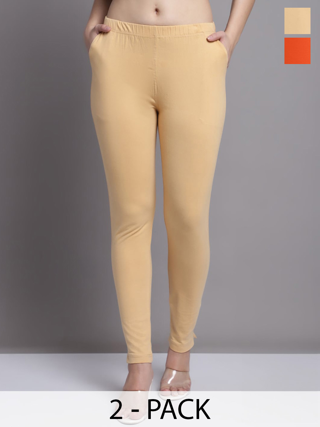 GRACIT Women Orange Beige Pack of 2 Cotton Ankle length Leggings with side pocket