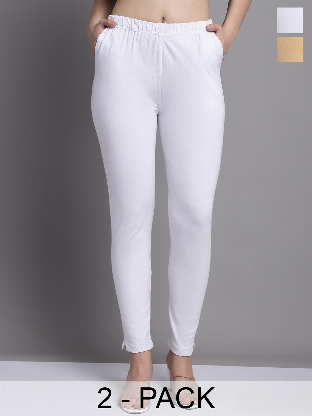 GRACIT Women White Beige Pack of 2 Cotton Ankle length Leggings with side pocket