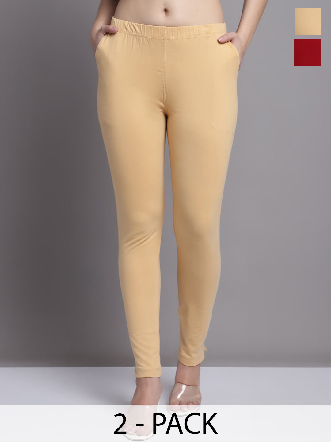 GRACIT Women Beige Maroon Pack of 2 Cotton Ankle length Leggings with side pocket