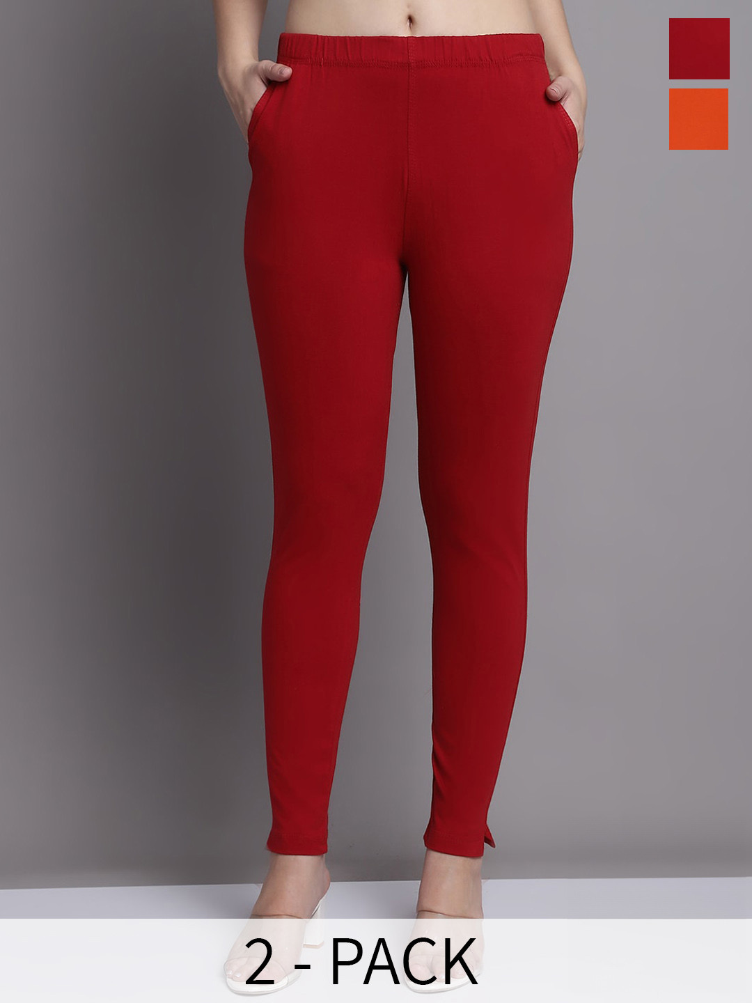 GRACIT Women Orange Maroon Pack of 2 Cotton Ankle length Leggings with side pocket
