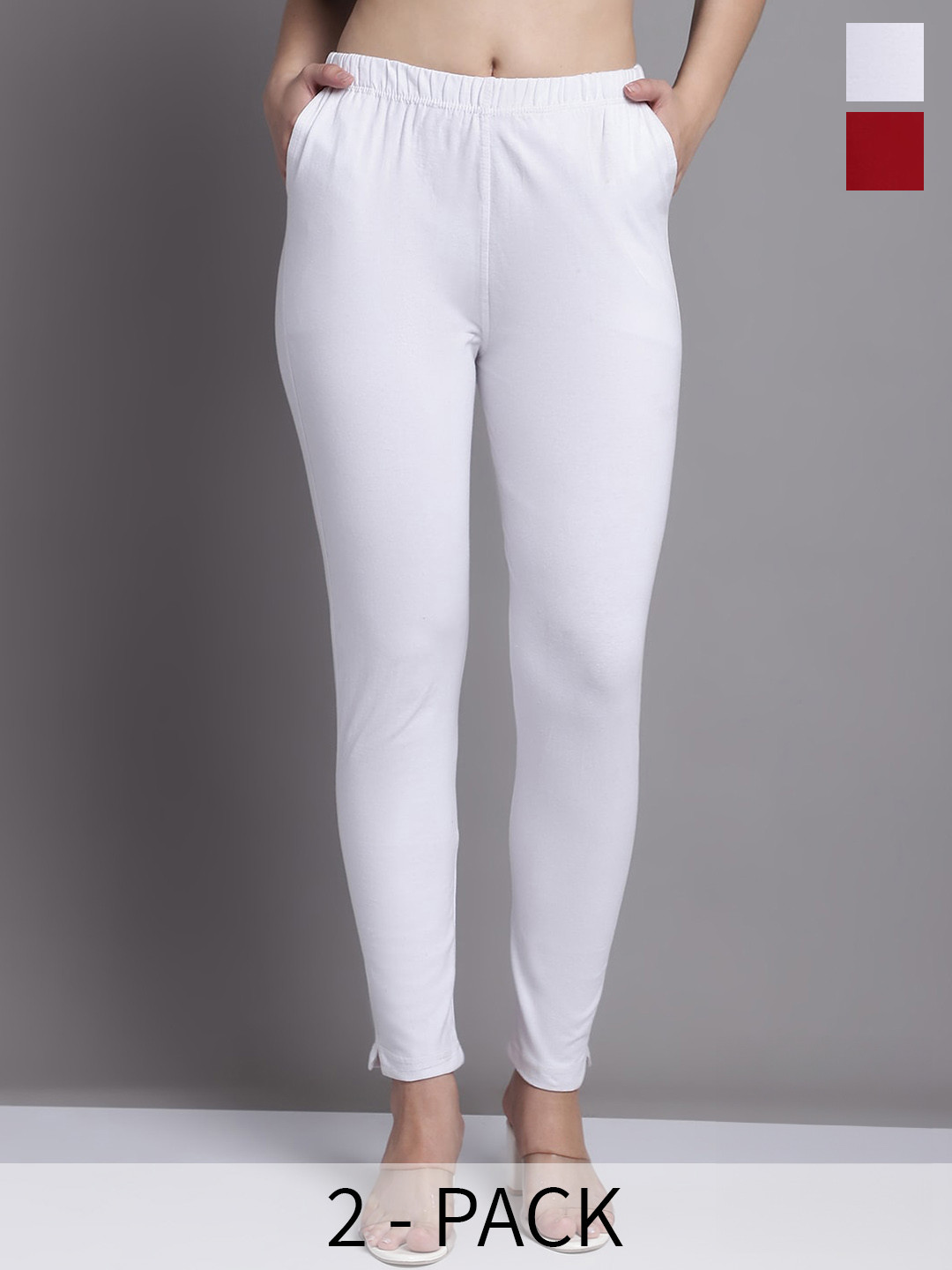GRACIT Women White Maroon Pack of 2 Cotton Ankle length Leggings with side pocket