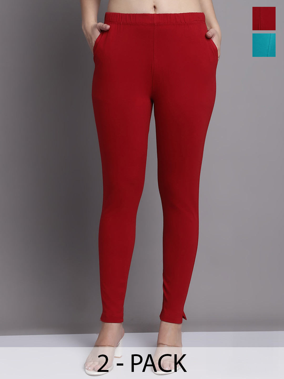 GRACIT Women Maroon Sea Green Pack of 2 Cotton Ankle length Leggings with side pocket