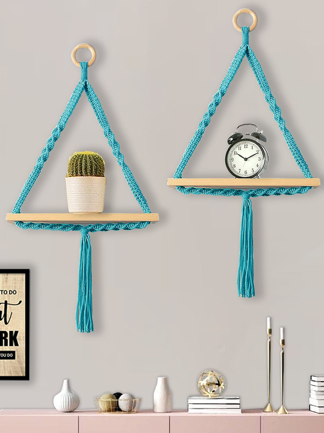 Homesake Turquoise Blue & Beige 2 Pieces Wood Pocket Wall Shelves