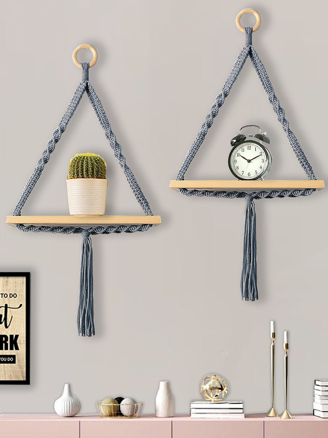 Homesake Grey & Beige 2 Pieces Triangle Rope Hanging Shelves