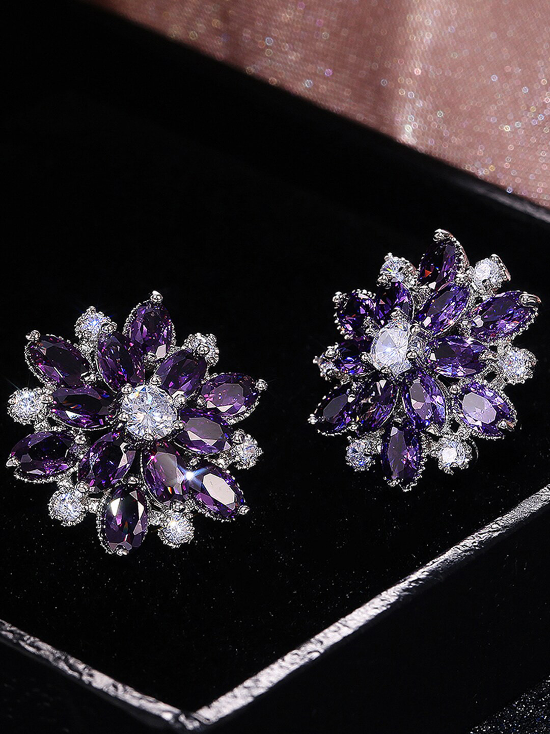 Designs & You Silver Plated American Diamond Floral Studs Earrings