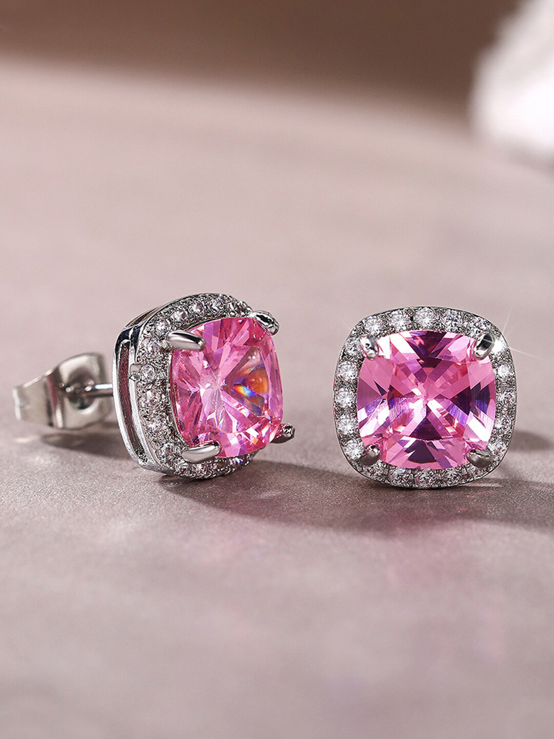 Designs & You Silver Plated American Diamond Square Studs Earrings