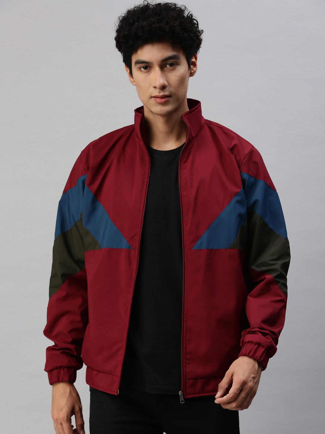 VOXATI Colourblocked Stand Collar Tailored Jacket