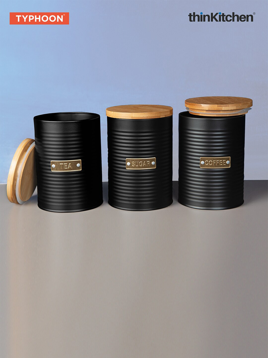 Typhoon Classic Beverage Essential Trio (Otto) Black Typography Stainless Steel 3 Piece Flip Top Canister-1.4L