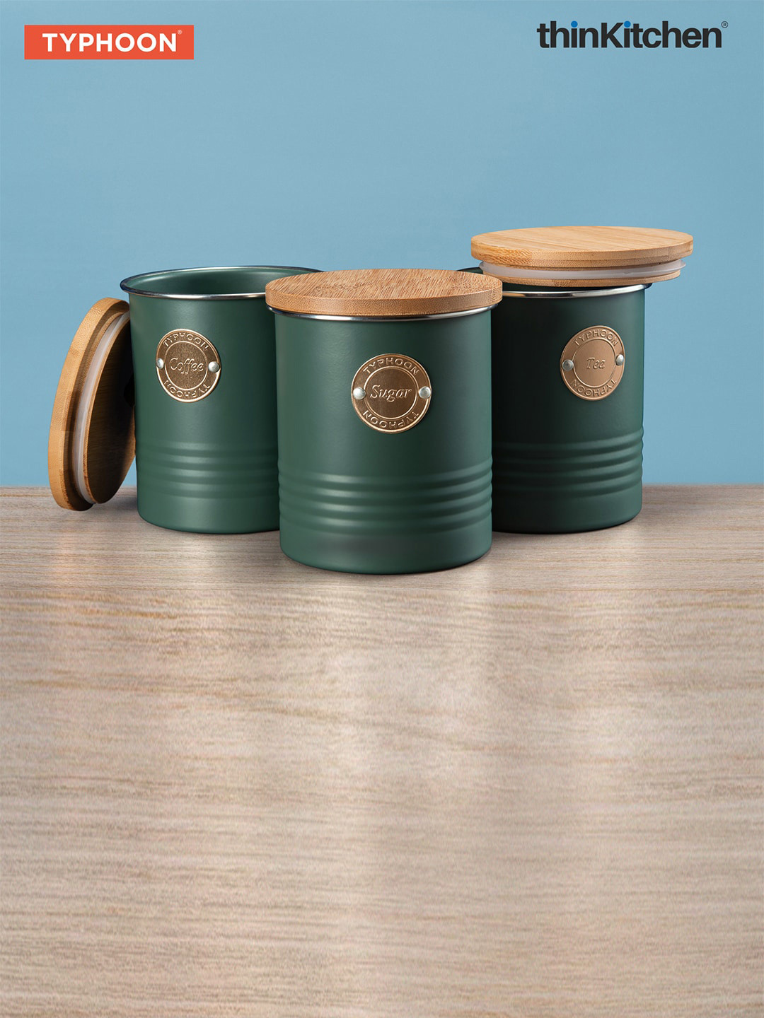 TYPHOON Classic Green Stainless Steel Tea Sugar Coffee Container Set