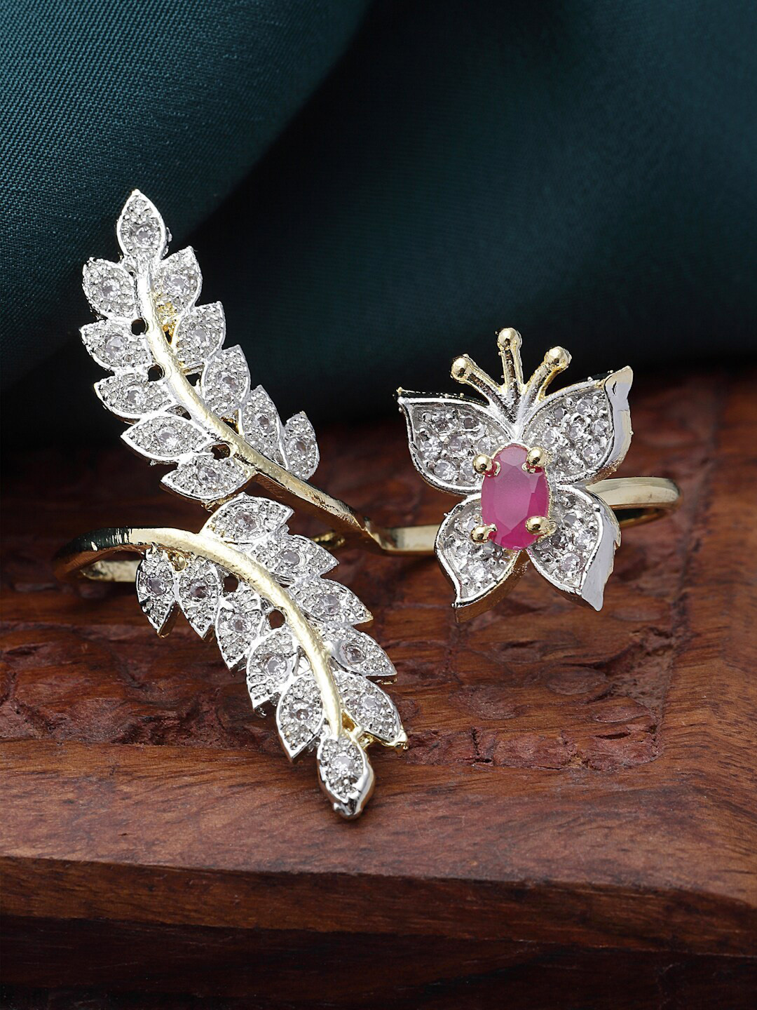 ZENEME Gold-Plated Pink American Diamond Studded Butterfly Adjustable Double Finger Ring