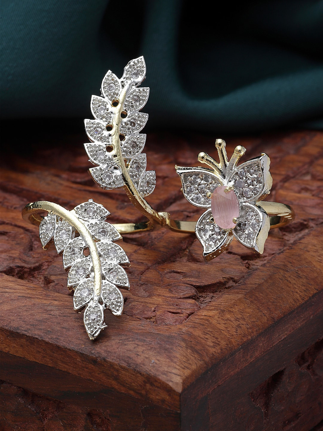 ZENEME Gold-Plated Pink American Diamond Studded Butterfly Adjustable Double Finger Ring