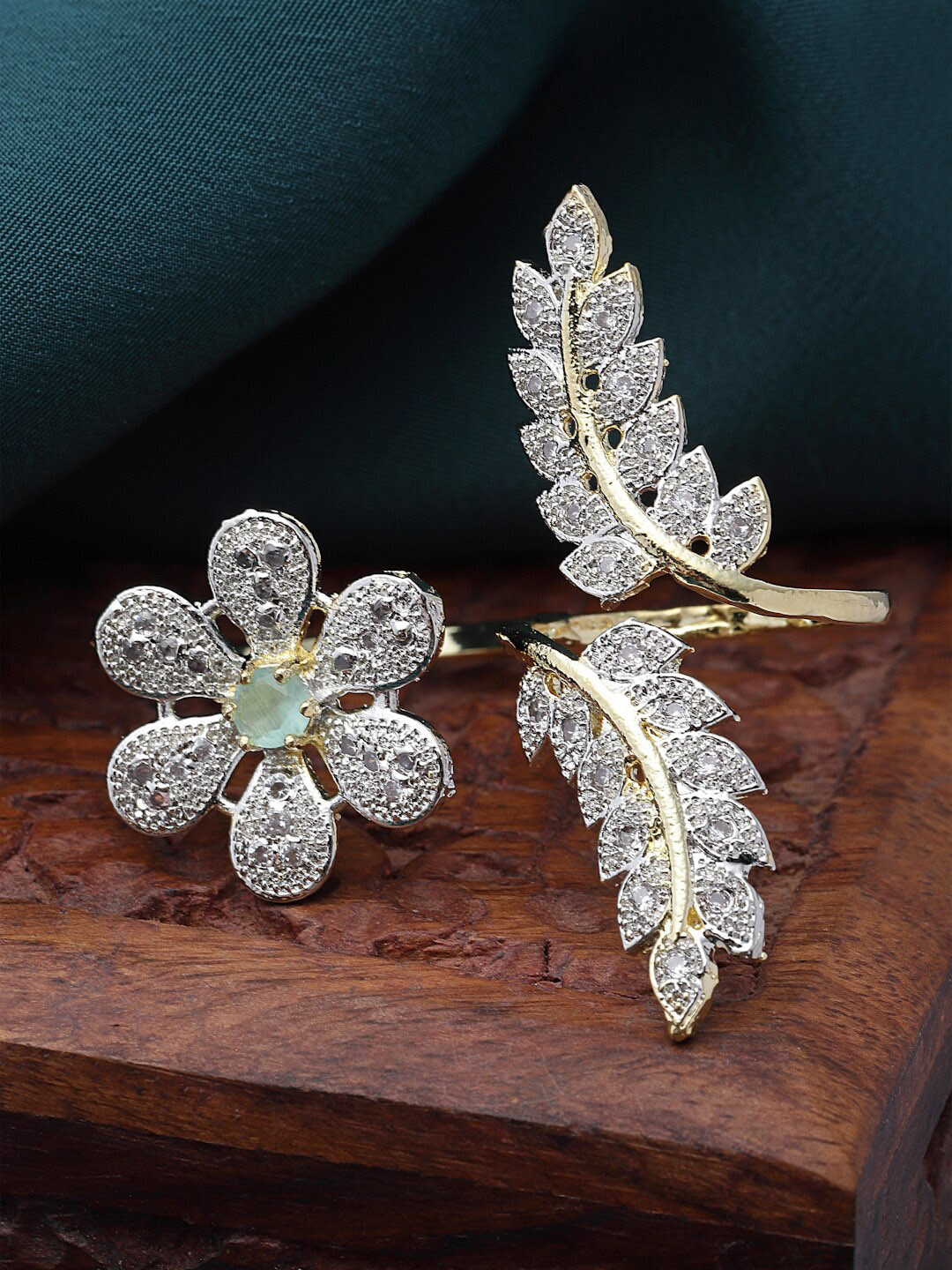 ZENEME Gold-Plated Sea Green American Diamond Studded Floral Adjustable Double Finger Ring