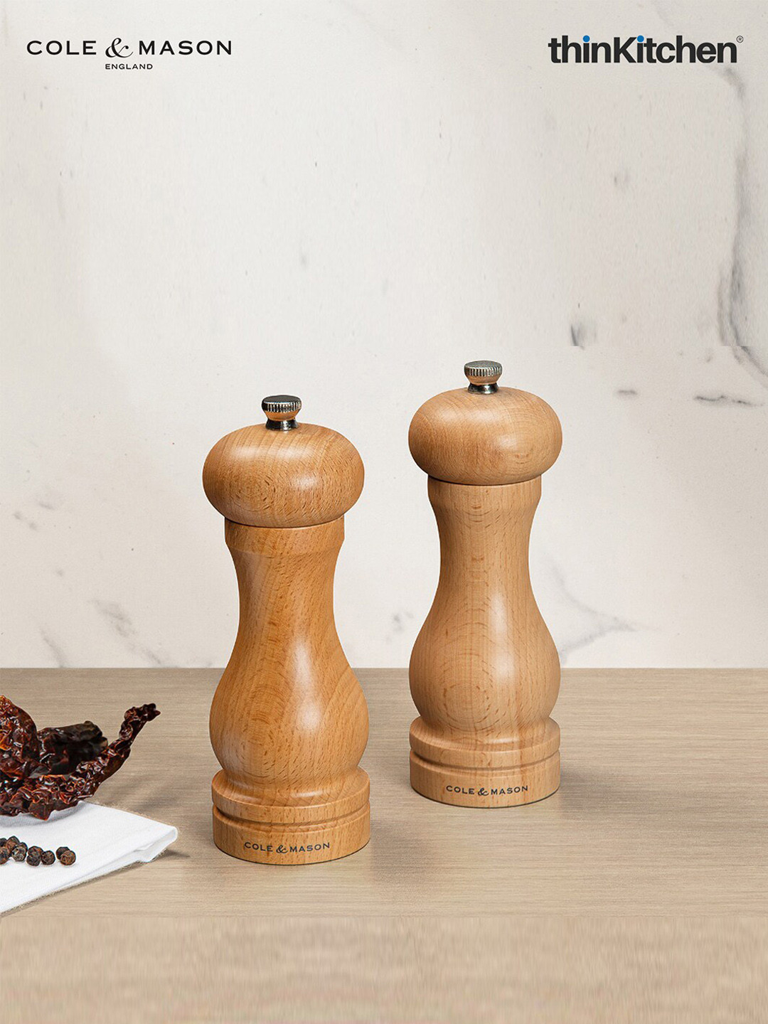 COLE & MASON Brown Beech Capstan Salt & Pepper Mill set