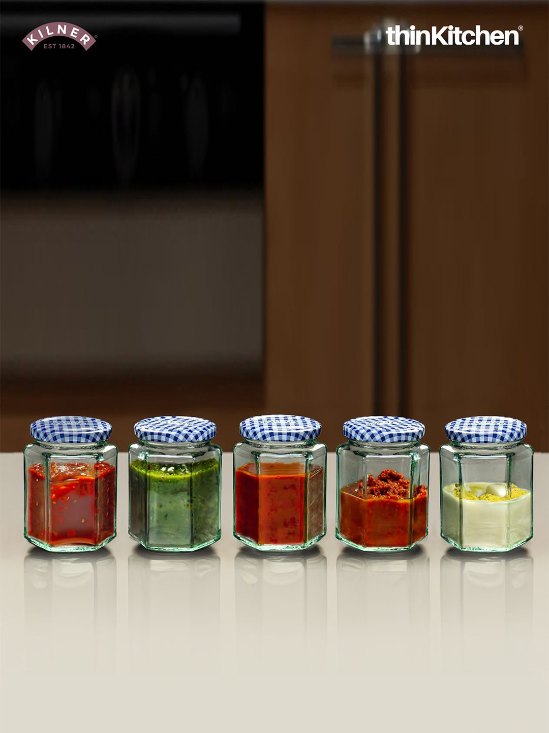 KILNER 5 Pieces Transparent Glass Hexagonal Small Twist Jar-110 Ml Each