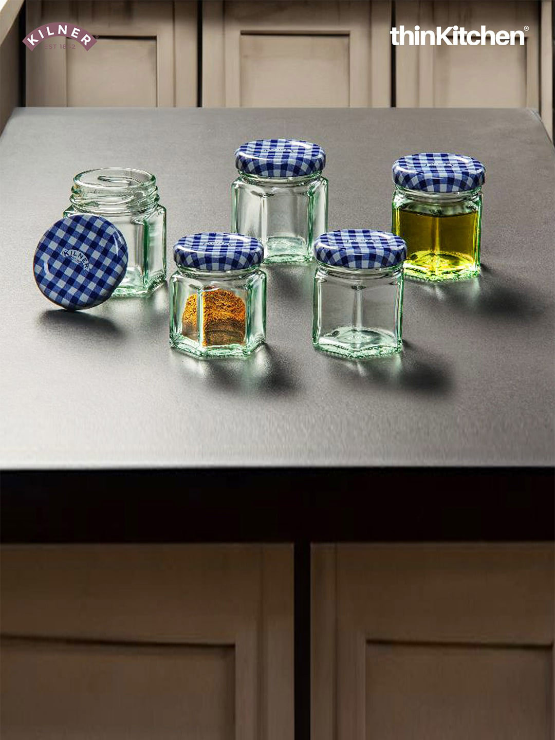 KILNER Transparent Glass 5 Pieces Reusable Mini Hexagonal Twist Jar 48ml