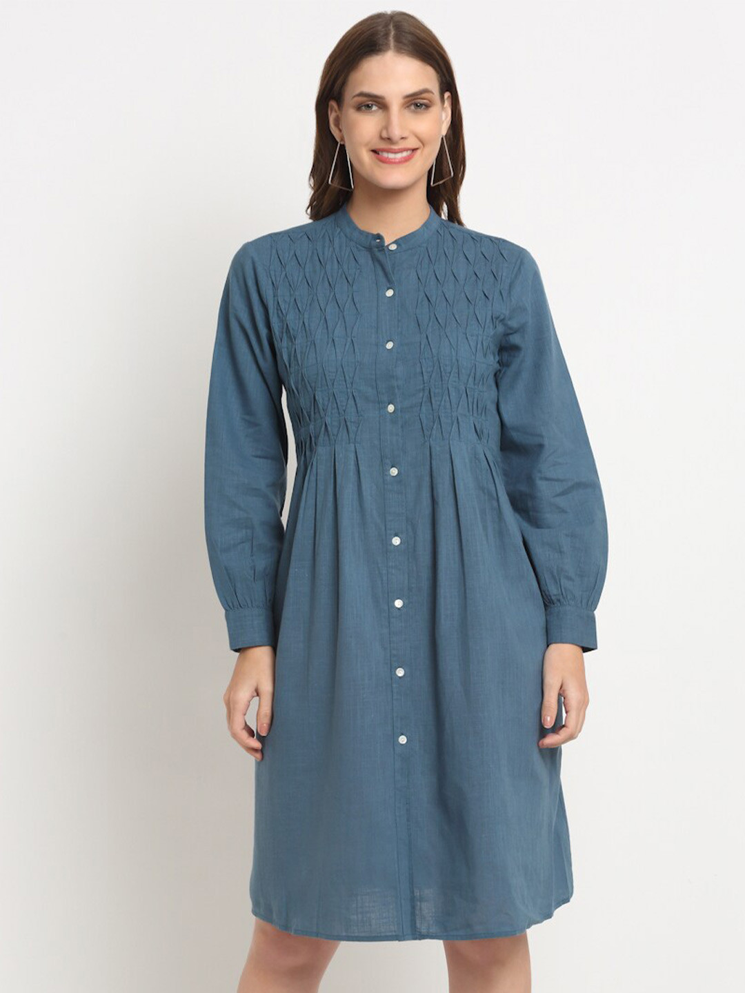 FAABRIQ Band Collar Cotton Linen Shirt Dress