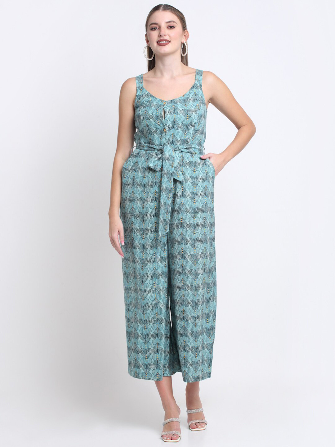 FAABRIQ Printed Scoop Neck Sleeveless Pure Cotton Culotte Jumpsuit